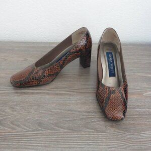 Karen Scott DEANNA Leather Snakeskin Brown Pumps Heels Shoes 5.5 Chunky Heel